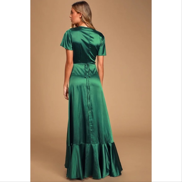 NWOT Lulus Love Of Your Life Dark Green Satin Ruffled Wrap Maxi Dress XLarge - Picture 2 of 9